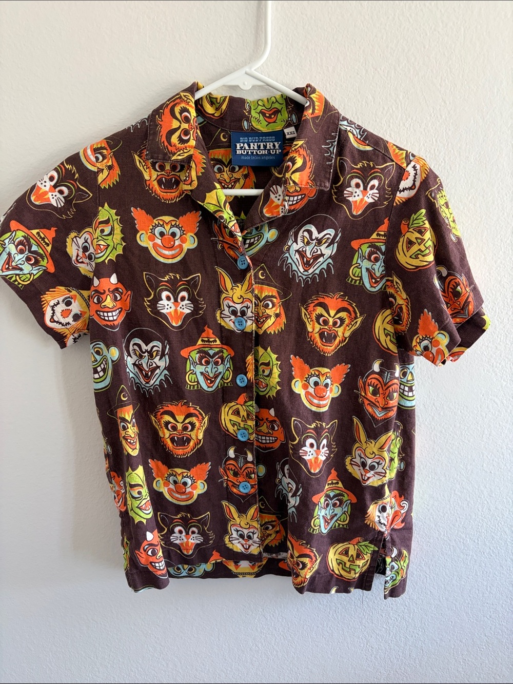 RARE Big Bud Press Halloween Mask Pantry Button-Up size XXS